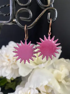 Pink enamel charms, copper metal, earrings