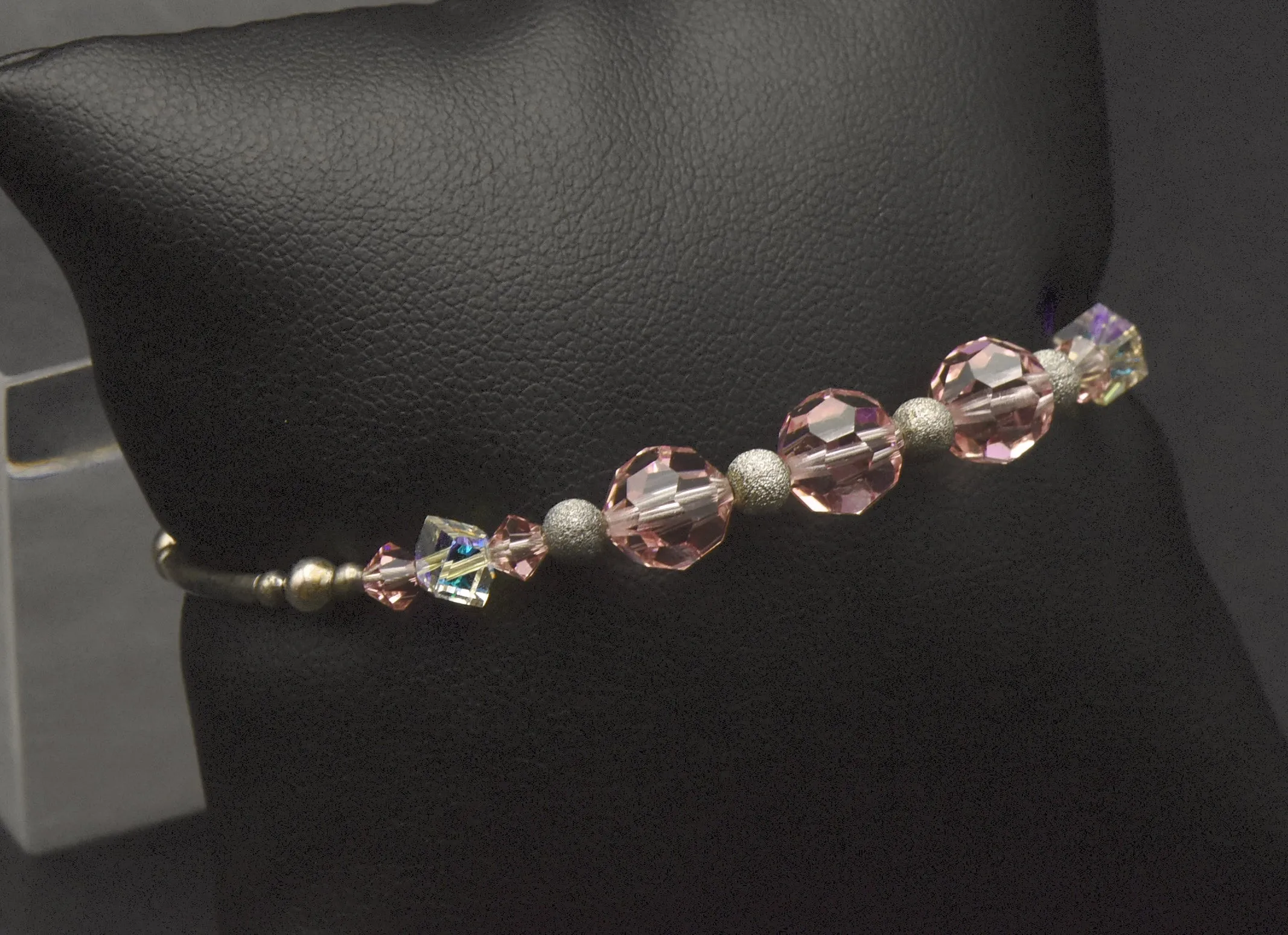 Pink Glass and Silver Beaded Bracelet with Sterling Silver Clasp - 7"