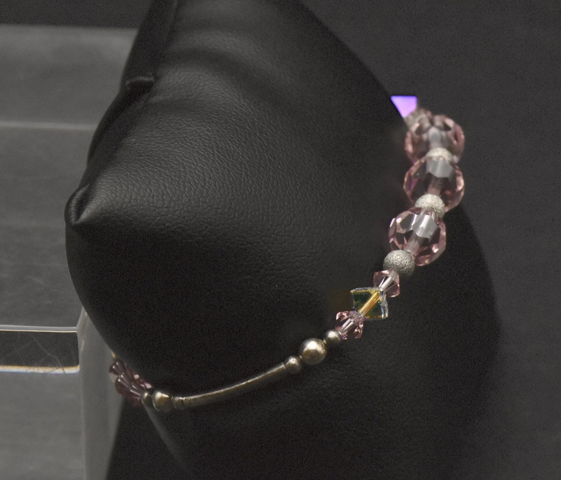 Pink Glass and Silver Beaded Bracelet with Sterling Silver Clasp - 7"