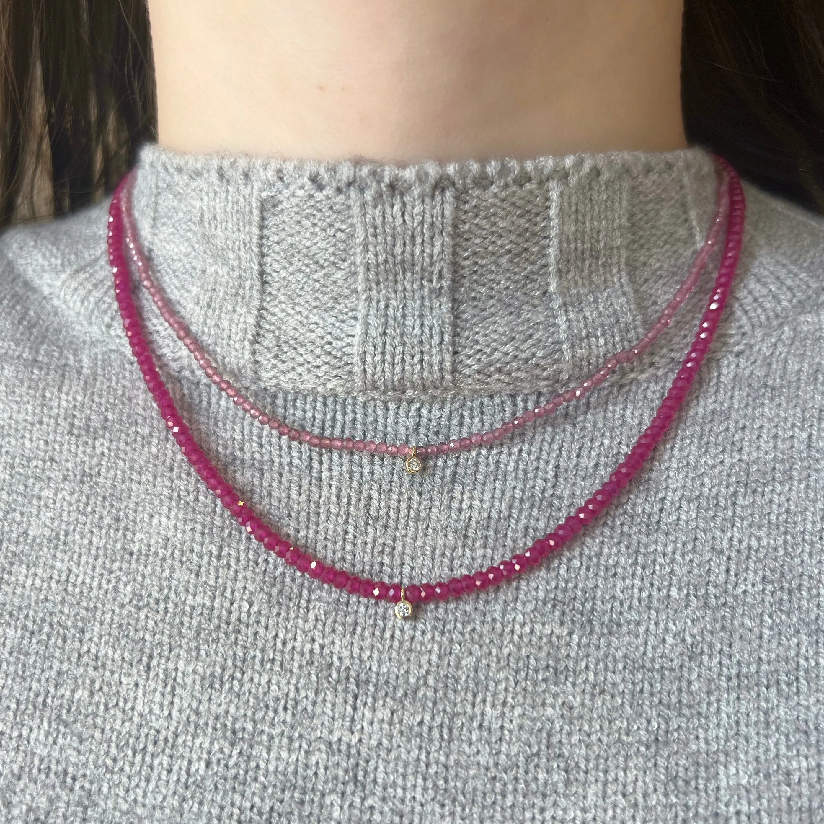 Pink Tourmaline & Lab Diamond Beaded Necklace