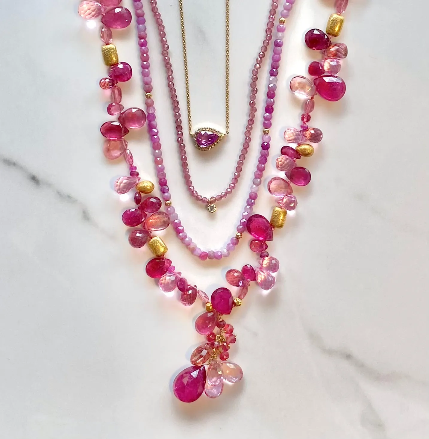 Pink Tourmaline & Lab Diamond Beaded Necklace