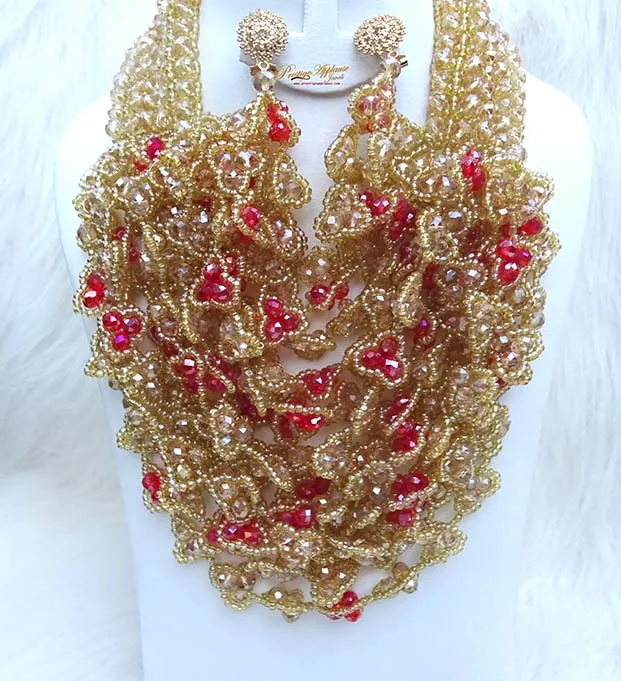 PrestigeApplause Gold & Red Full Crystal Party Wedding Bridal Necklace Jewellery Set