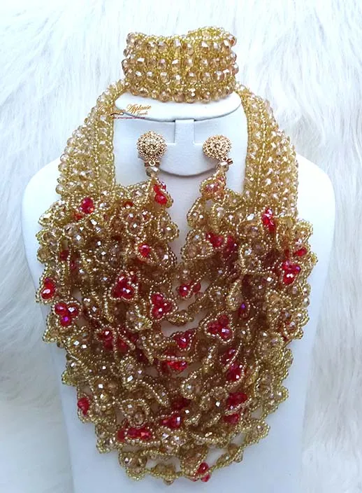 PrestigeApplause Gold & Red Full Crystal Party Wedding Bridal Necklace Jewellery Set