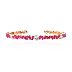 Prong Set Diamond Baguette Ruby 18k Rose Gold Cuff Bracelet