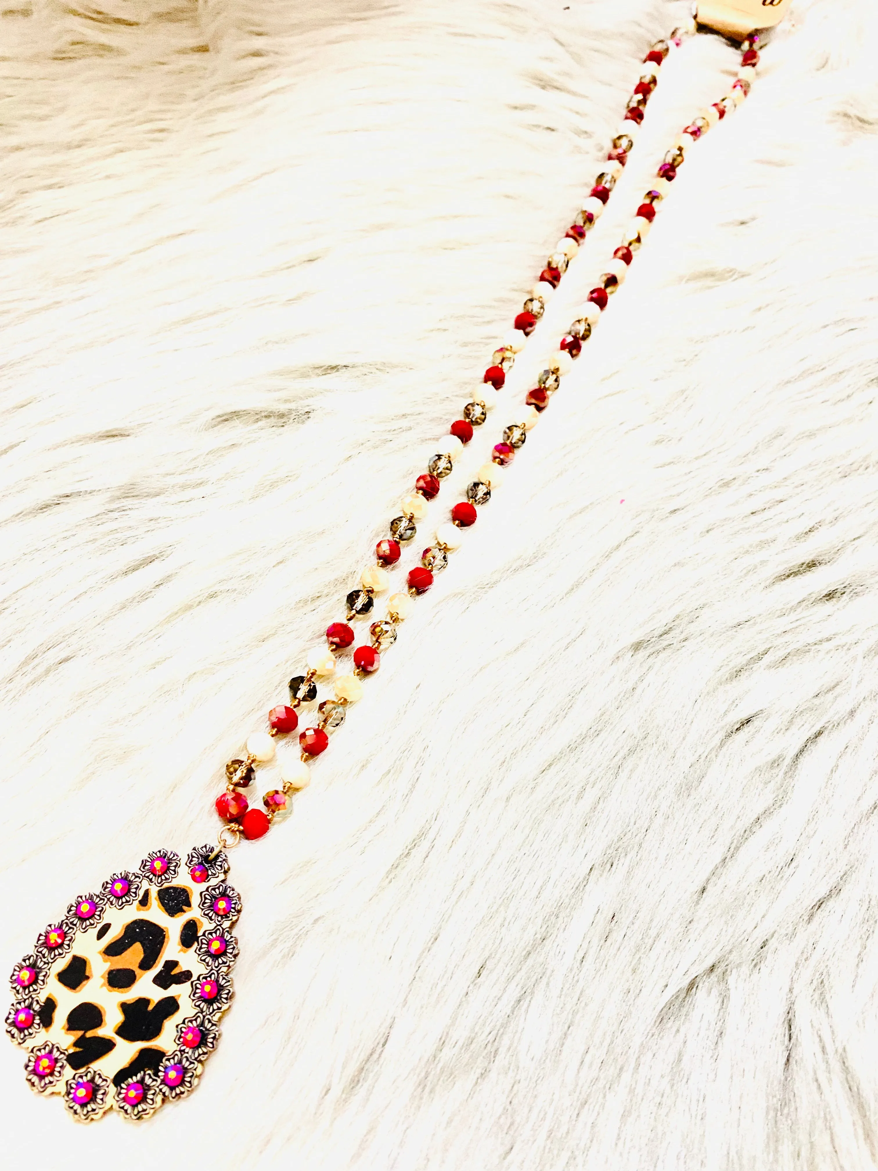 Red Beaded Cheetah Teardrop Pendant Necklace