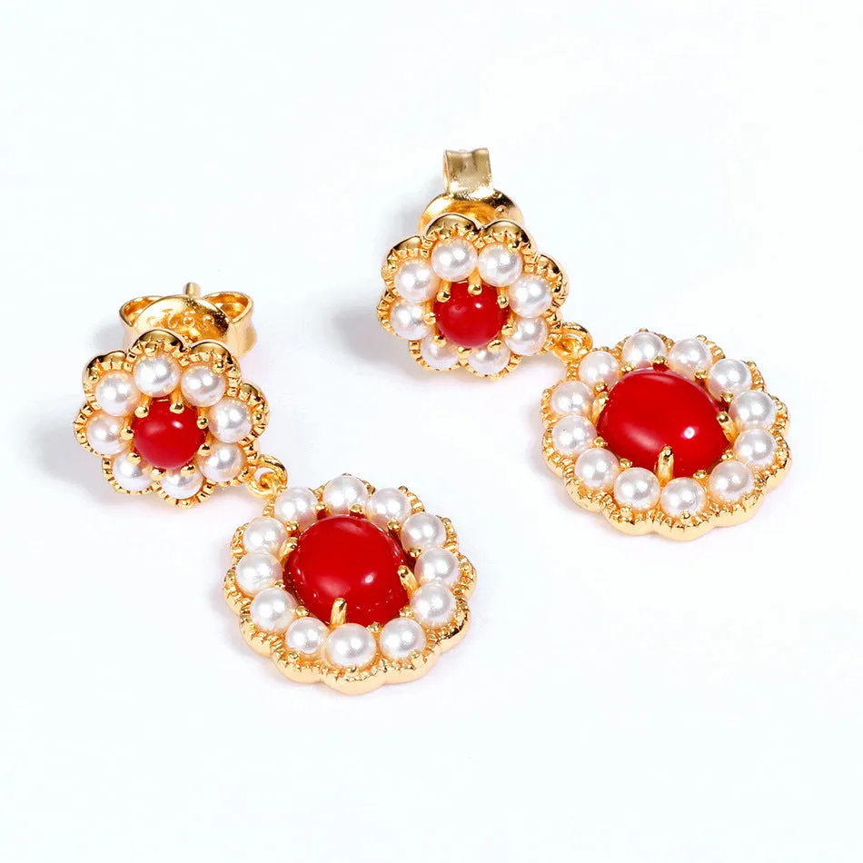 Red Coral And Pearl Earrings