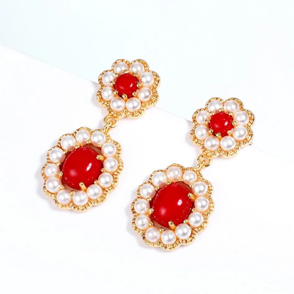 Red Coral And Pearl Earrings