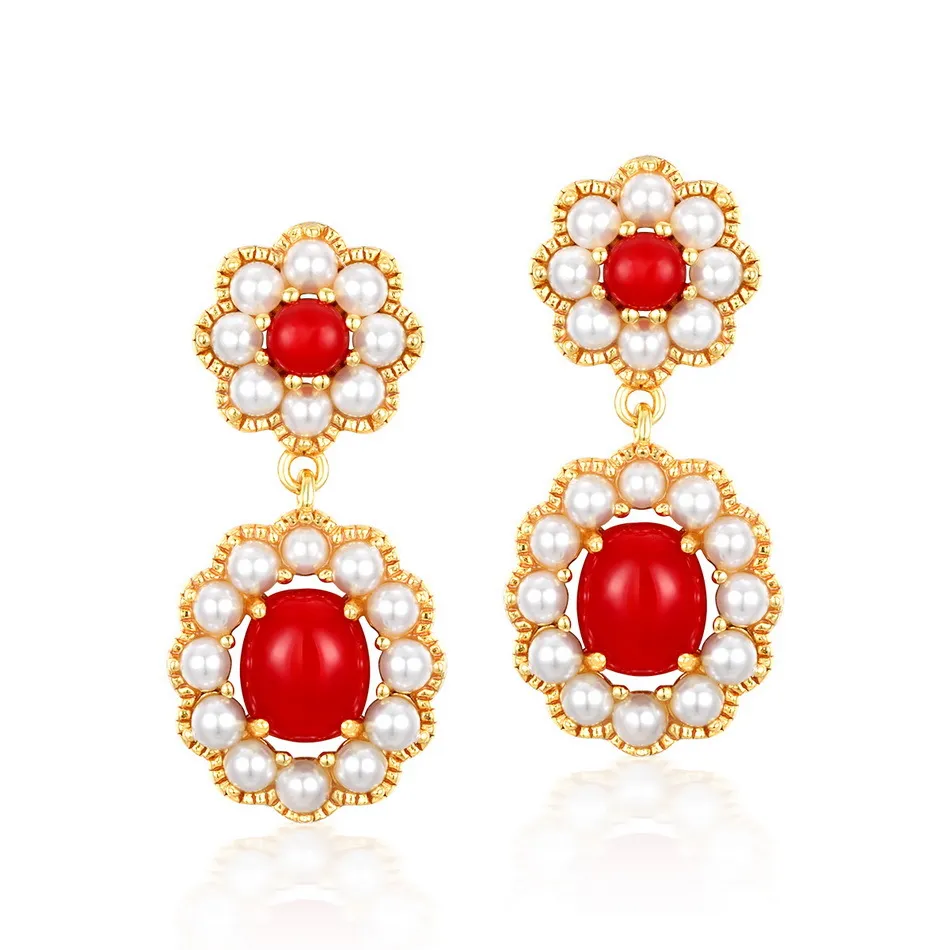 Red Coral And Pearl Earrings