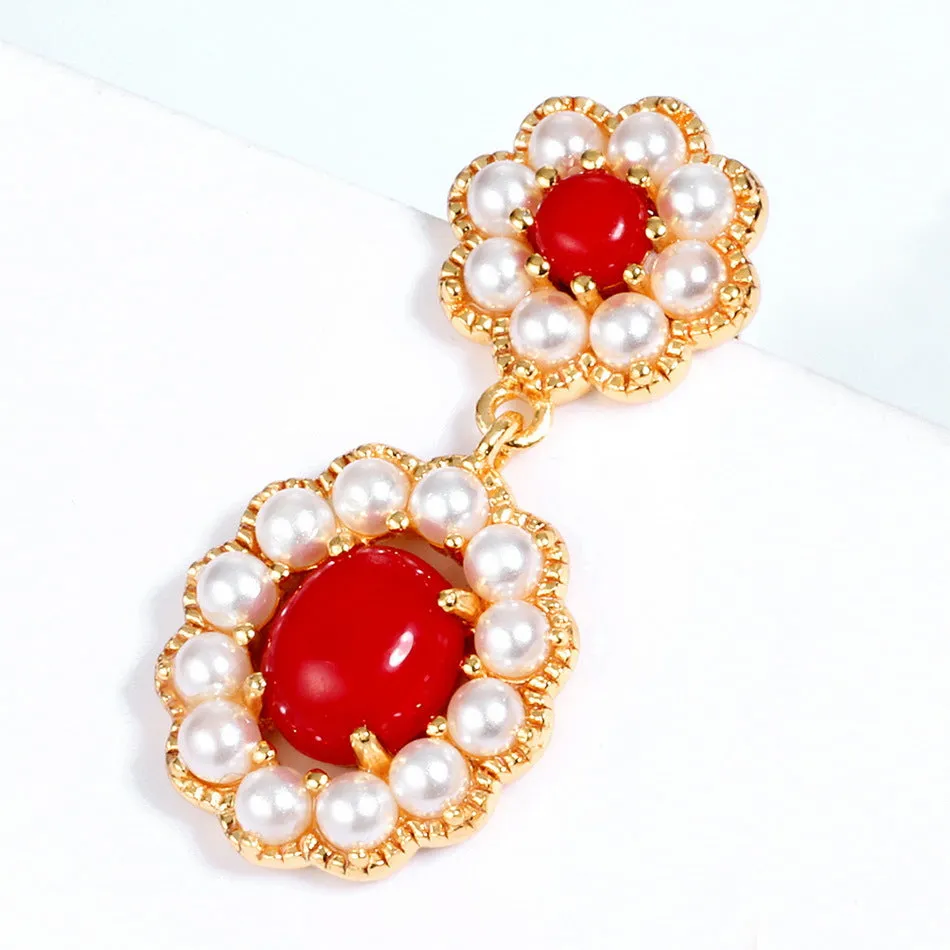 Red Coral And Pearl Earrings