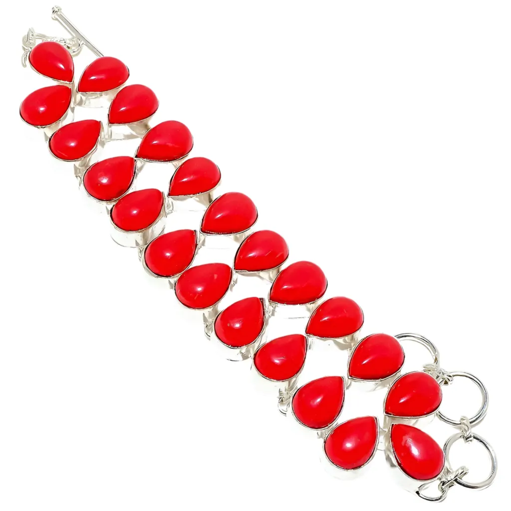 Red Coral Gemstone Sterling Silver Bracelet