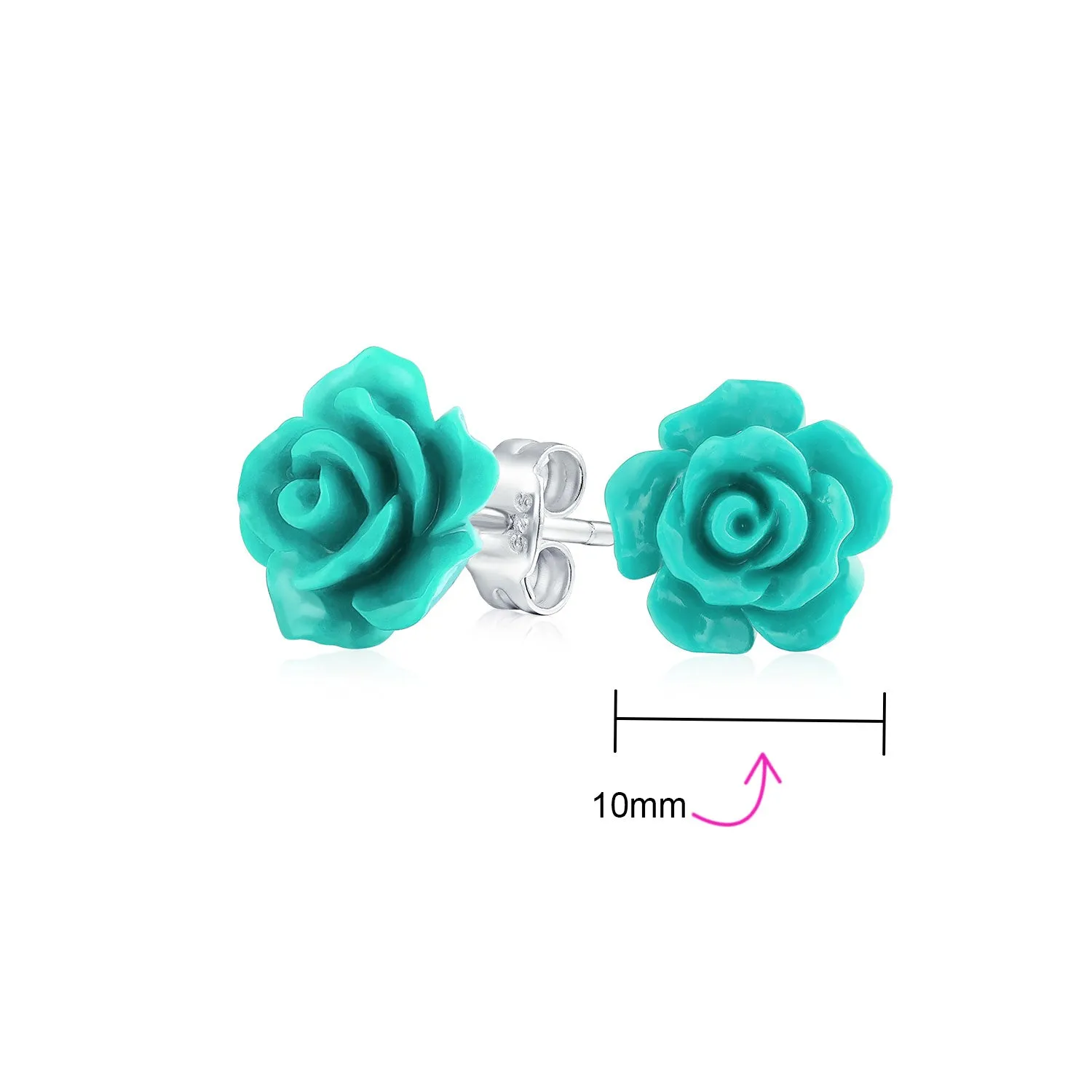 Romantic Floral 3D Carved Red Blue Coral Rose Flower Stud Earrings Silver