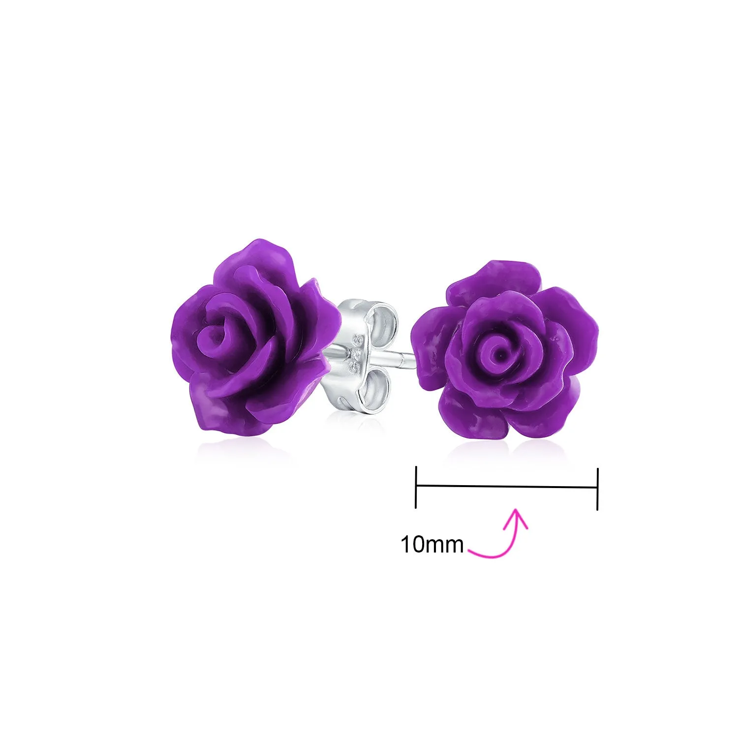 Romantic Floral 3D Carved Red Blue Coral Rose Flower Stud Earrings Silver