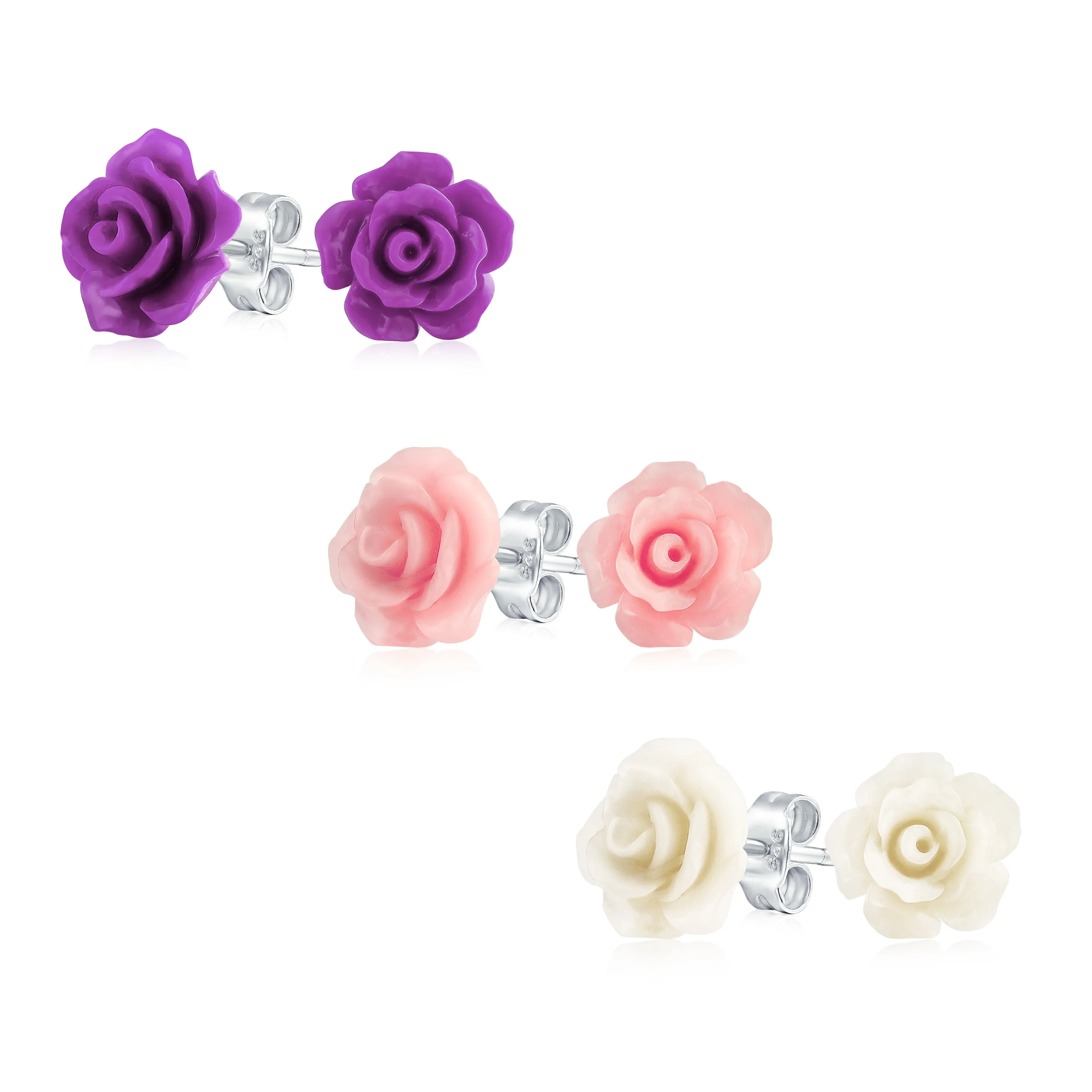 Romantic Floral 3D Carved Red Blue Coral Rose Flower Stud Earrings Silver