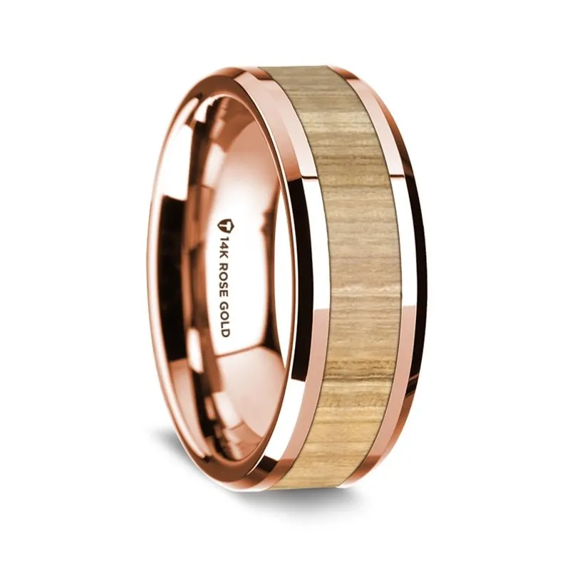 Rose Gold Polished Beveled Edges Wedding Ring with Ash Wood Inlay