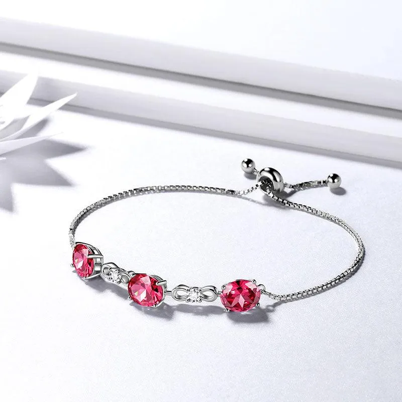 Round Birthstone July Ruby Bracelet Women Girls Jewelry Birthday Gift Sterling Silver