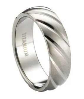 Satin-Finished Titanium Wedding Band with Diagonal Grooves | 8mm