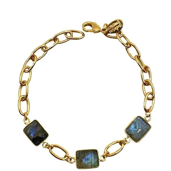 Semi Precious Bezel Set Rectangles on Plated Chain Bracelet: Labradorite (BCG487LD)