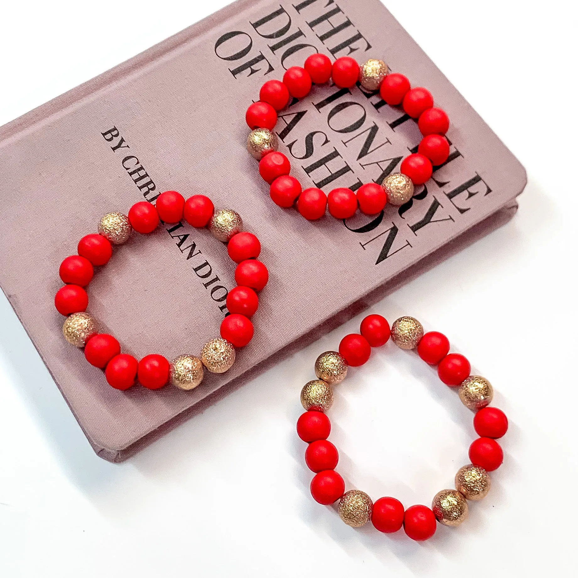 Set of Three | Making Joy Beaded Bracelets with Gold Tone Spacers in Red