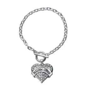 Silver Bulldog Lover Pave Heart Charm Toggle Bracelet