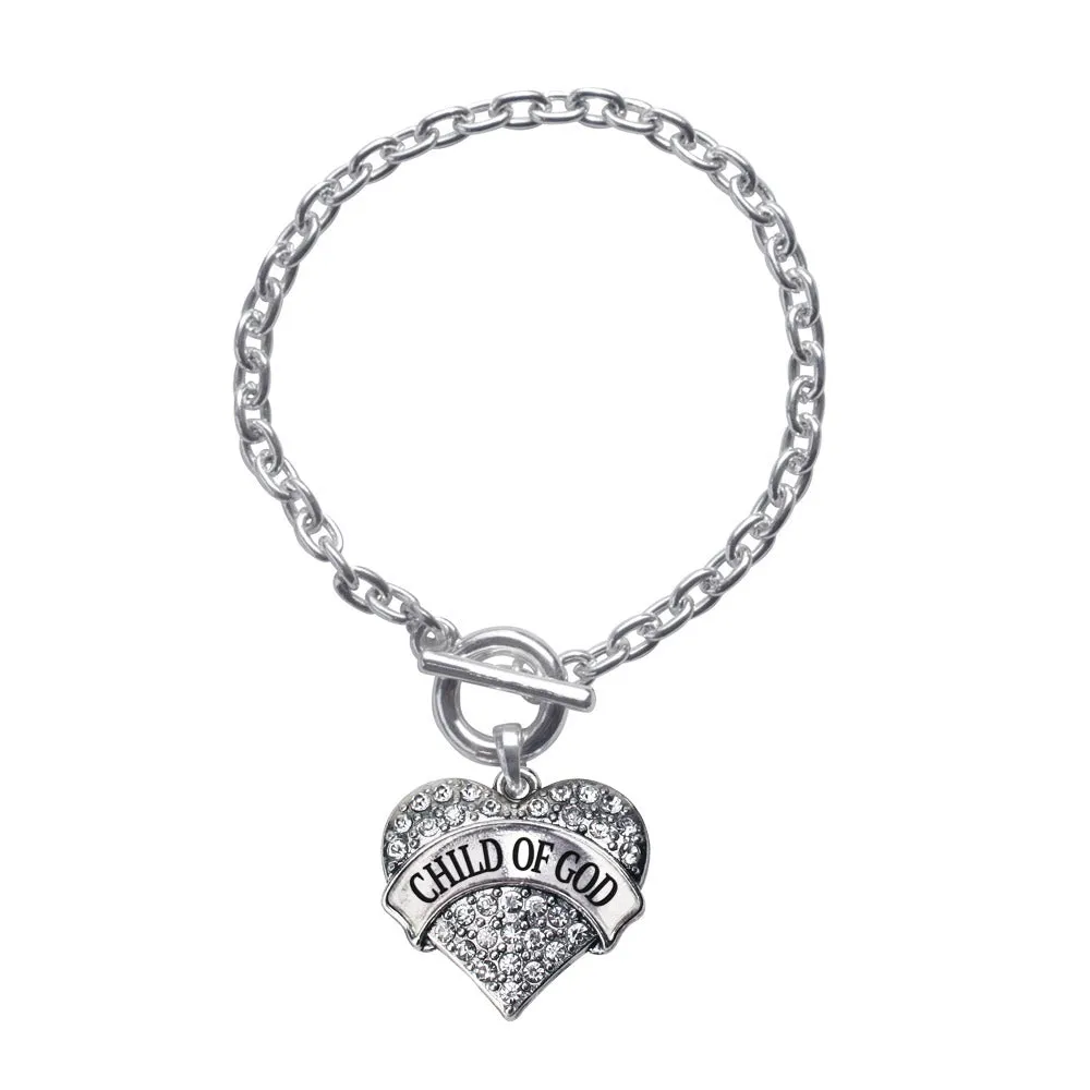 Silver Child of God Pave Heart Charm Toggle Bracelet