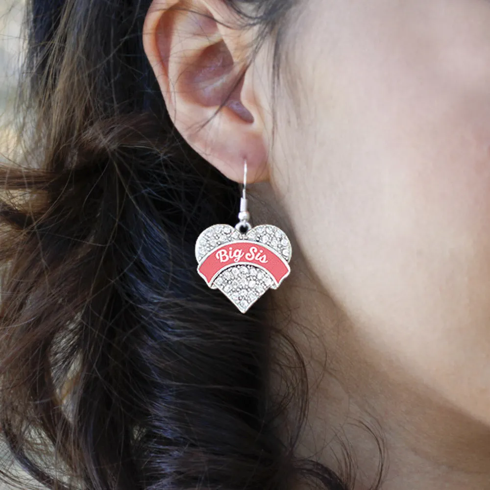 Silver Coral Big Sister Pave Heart Charm Dangle Earrings