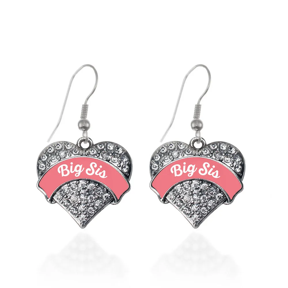 Silver Coral Big Sister Pave Heart Charm Dangle Earrings