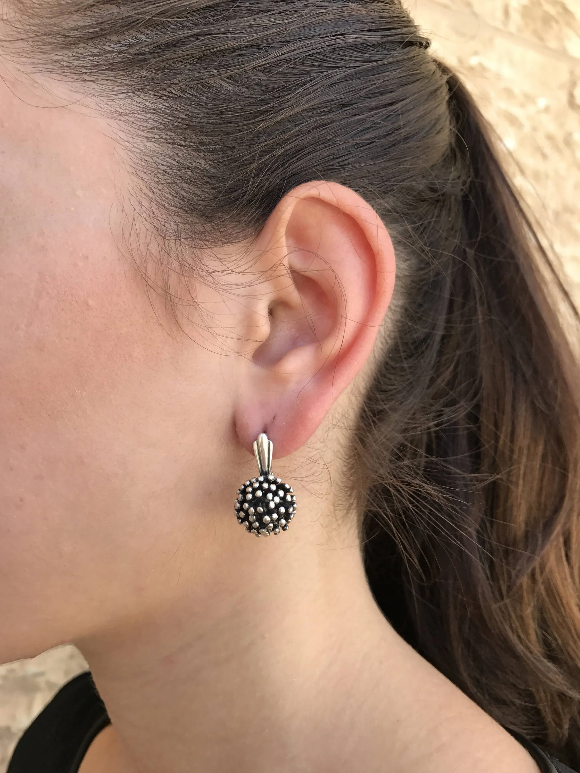 Silver Coral Earrings - Round Berry Earrings - Drop Ball Earrings