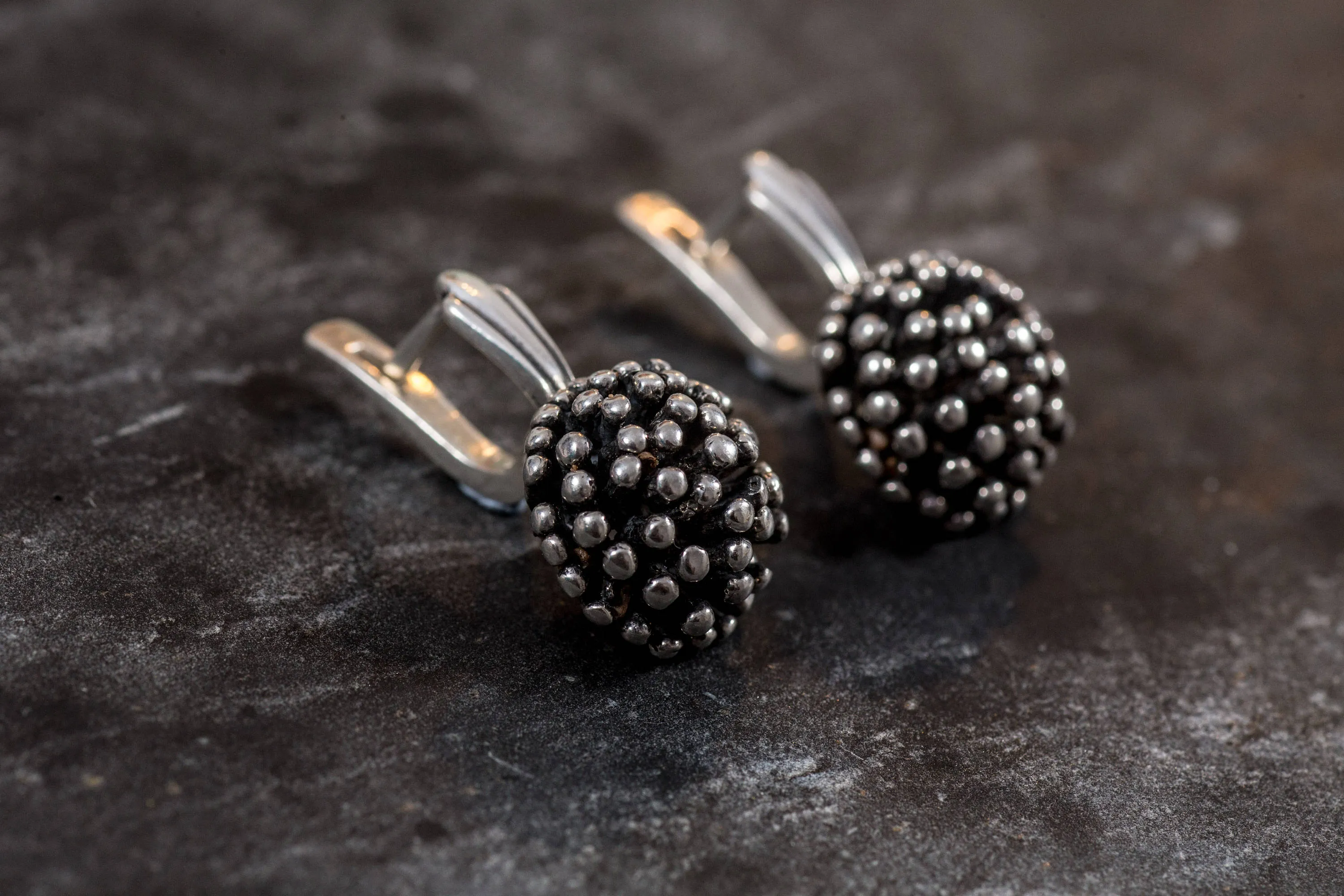 Silver Coral Earrings - Round Berry Earrings - Drop Ball Earrings