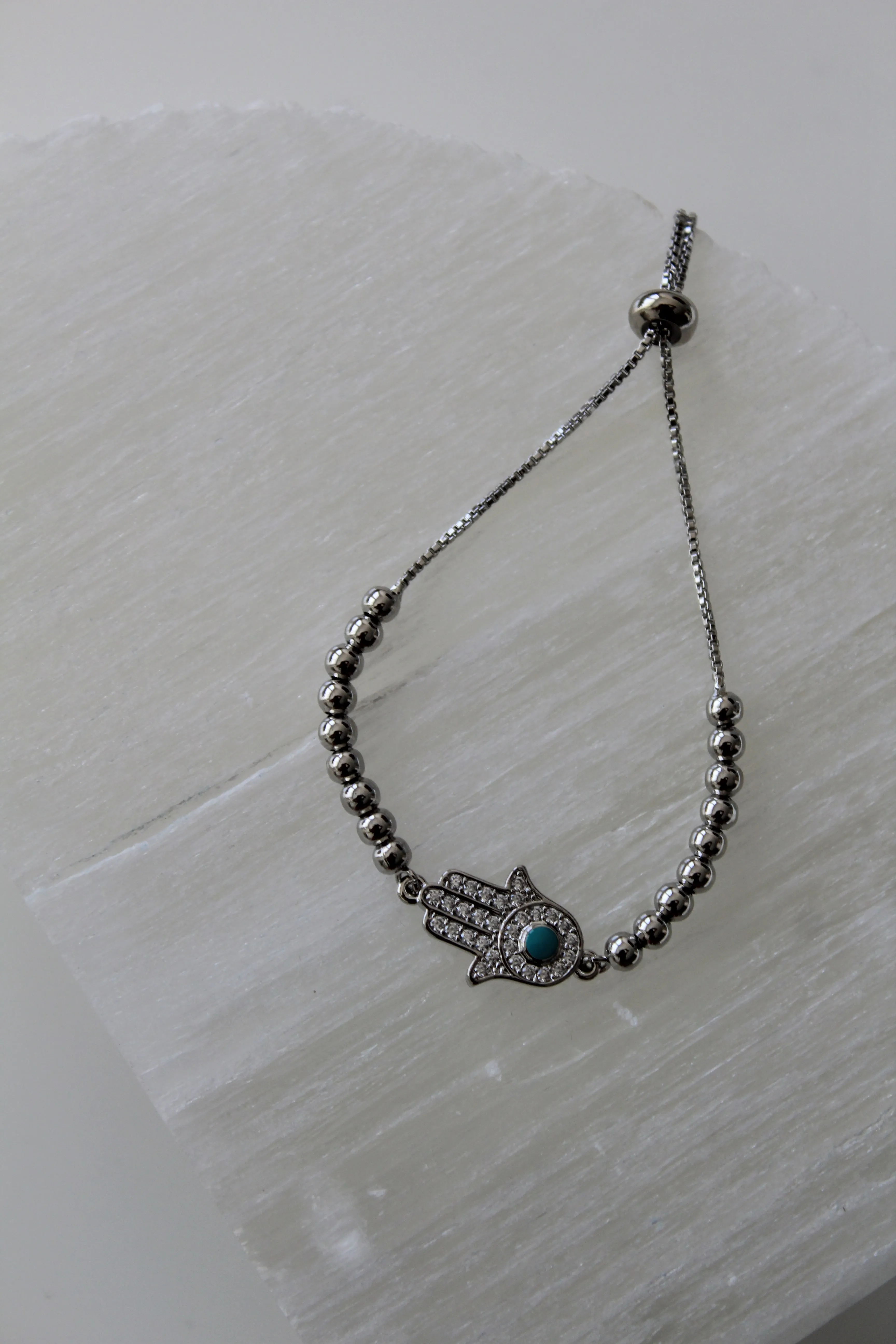 Silver Hamsa Beaded Slider Bracelet