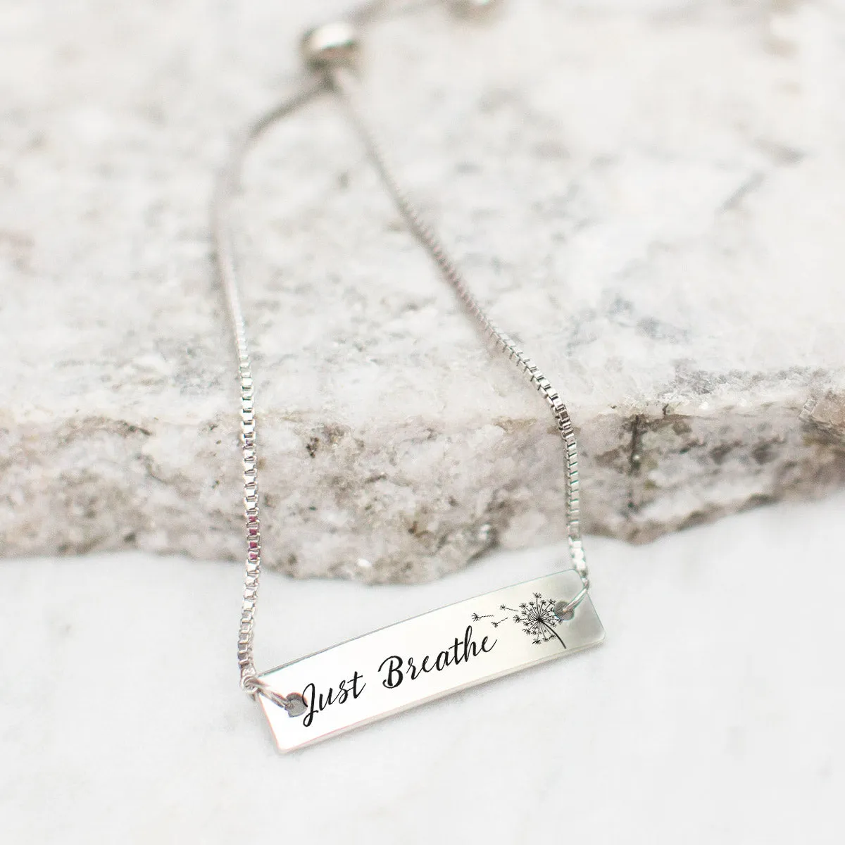 Silver Just Breathe Adjustable Bar Bracelet