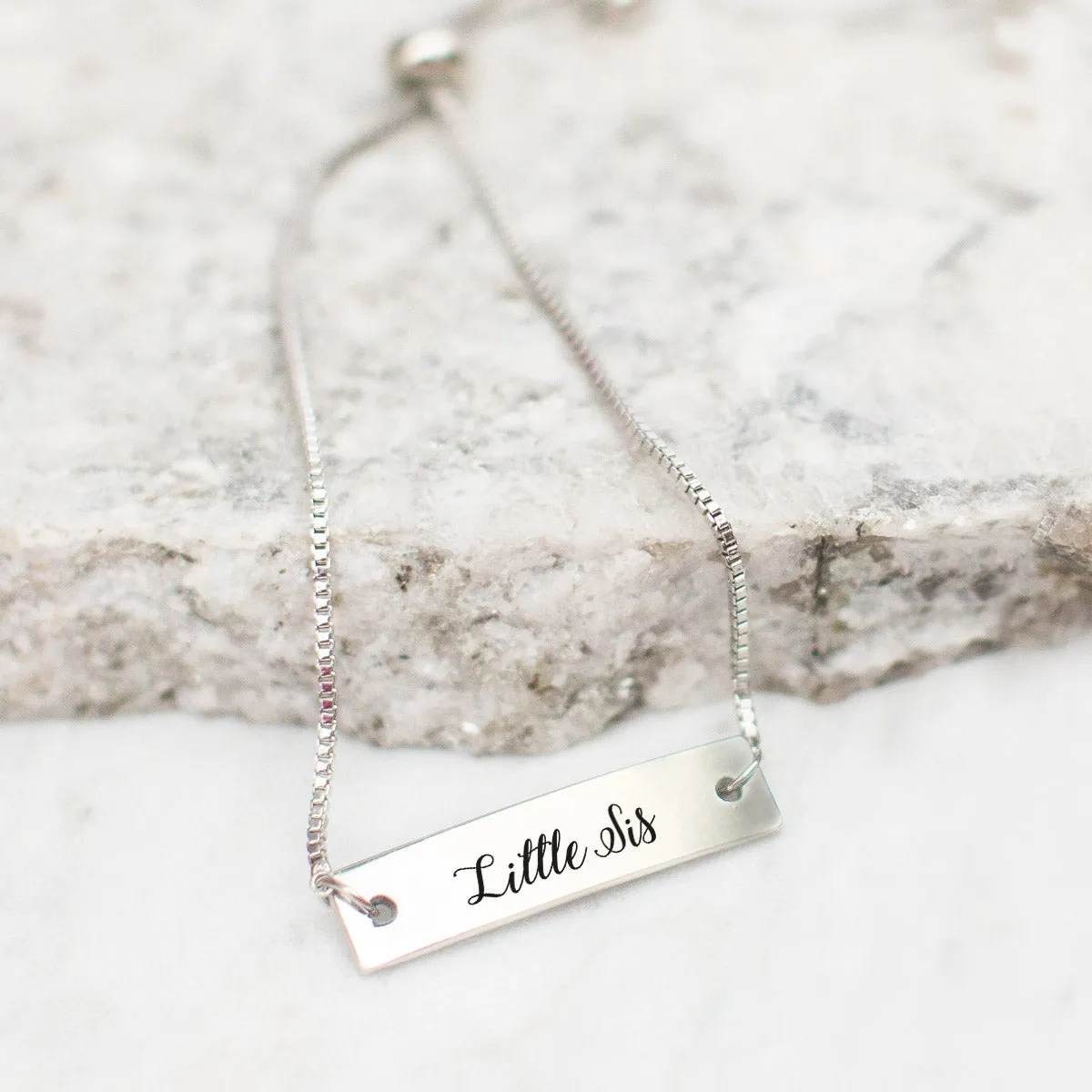 Silver Little Sis - Script Adjustable Bar Bracelet