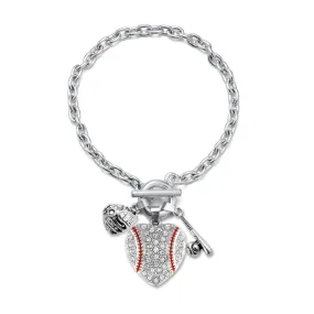 Silver Love Baseball Heart Bat and Glove Charm Toggle Bracelet