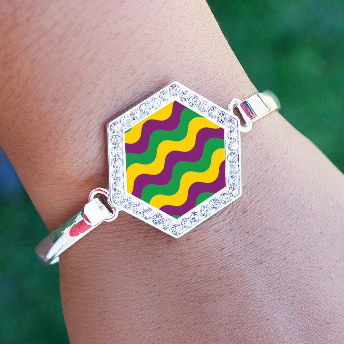 Silver Mardi Gras Wave Pattern Hexagon Charm Bangle Bracelet