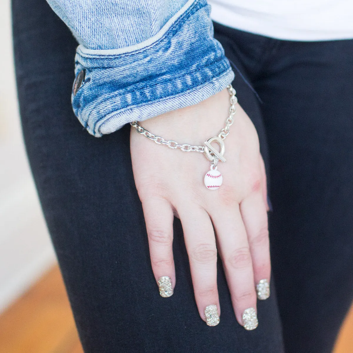 Silver Petite Baseball Charm Toggle Bracelet