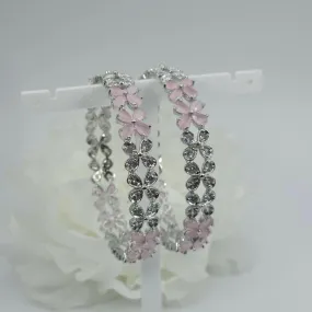 Silver Pink Floral AD Bangles