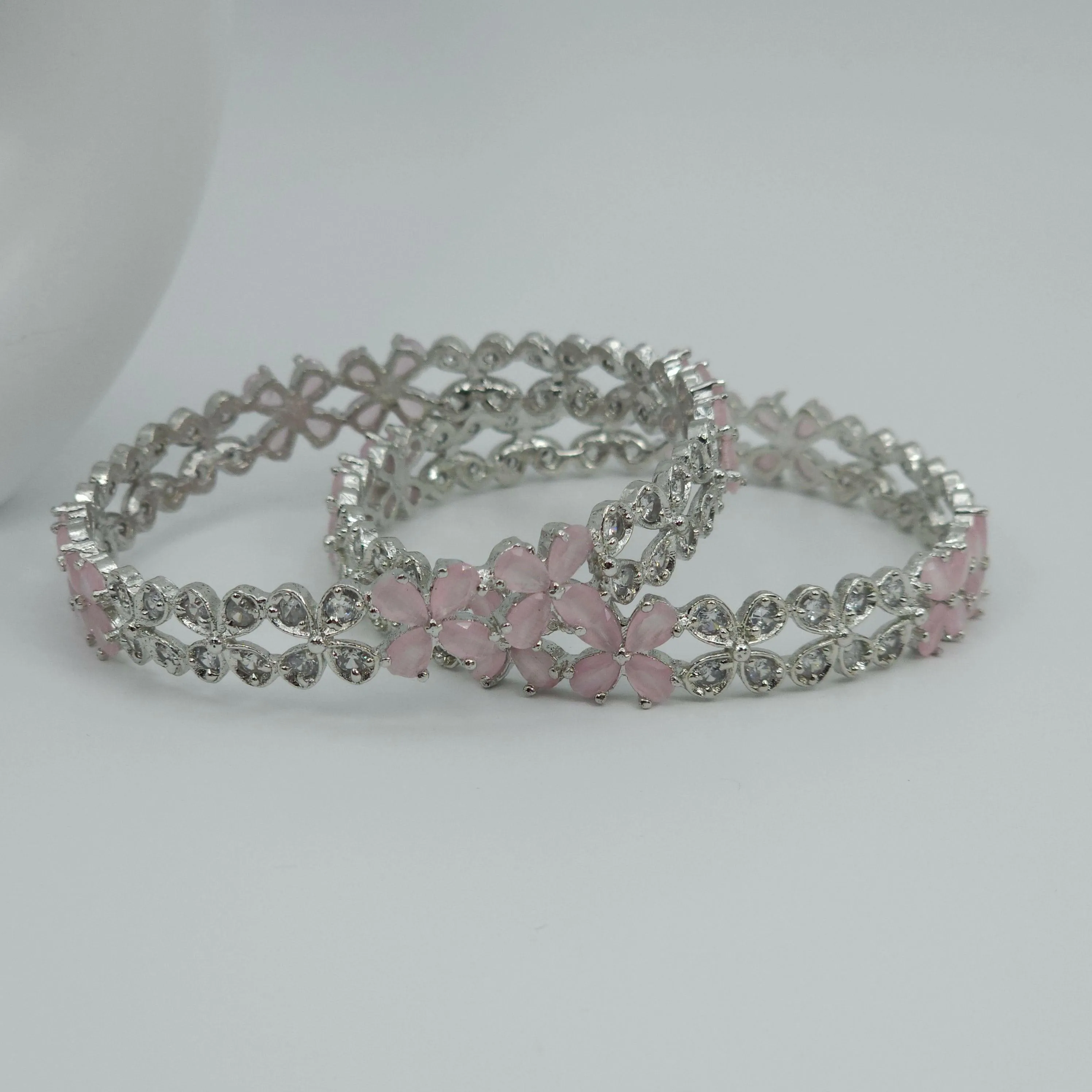 Silver Pink Floral AD Bangles