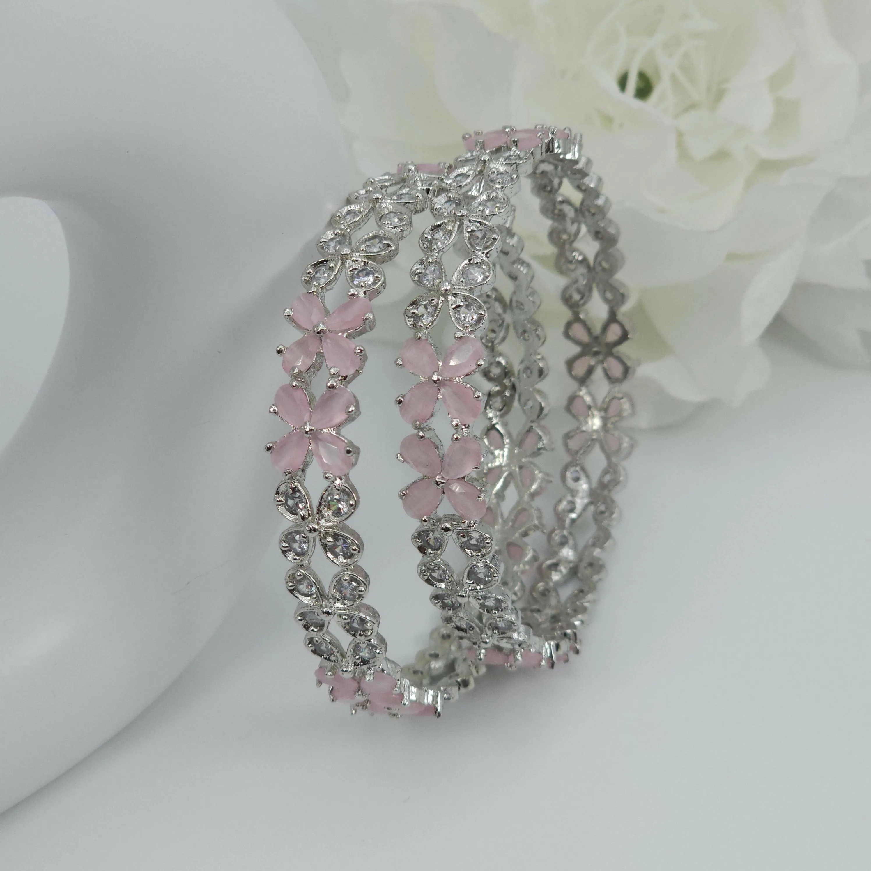 Silver Pink Floral AD Bangles