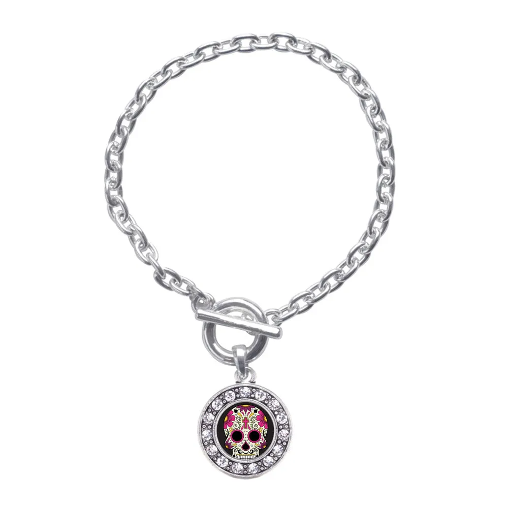 Silver Sugar Skull Circle Charm Toggle Bracelet