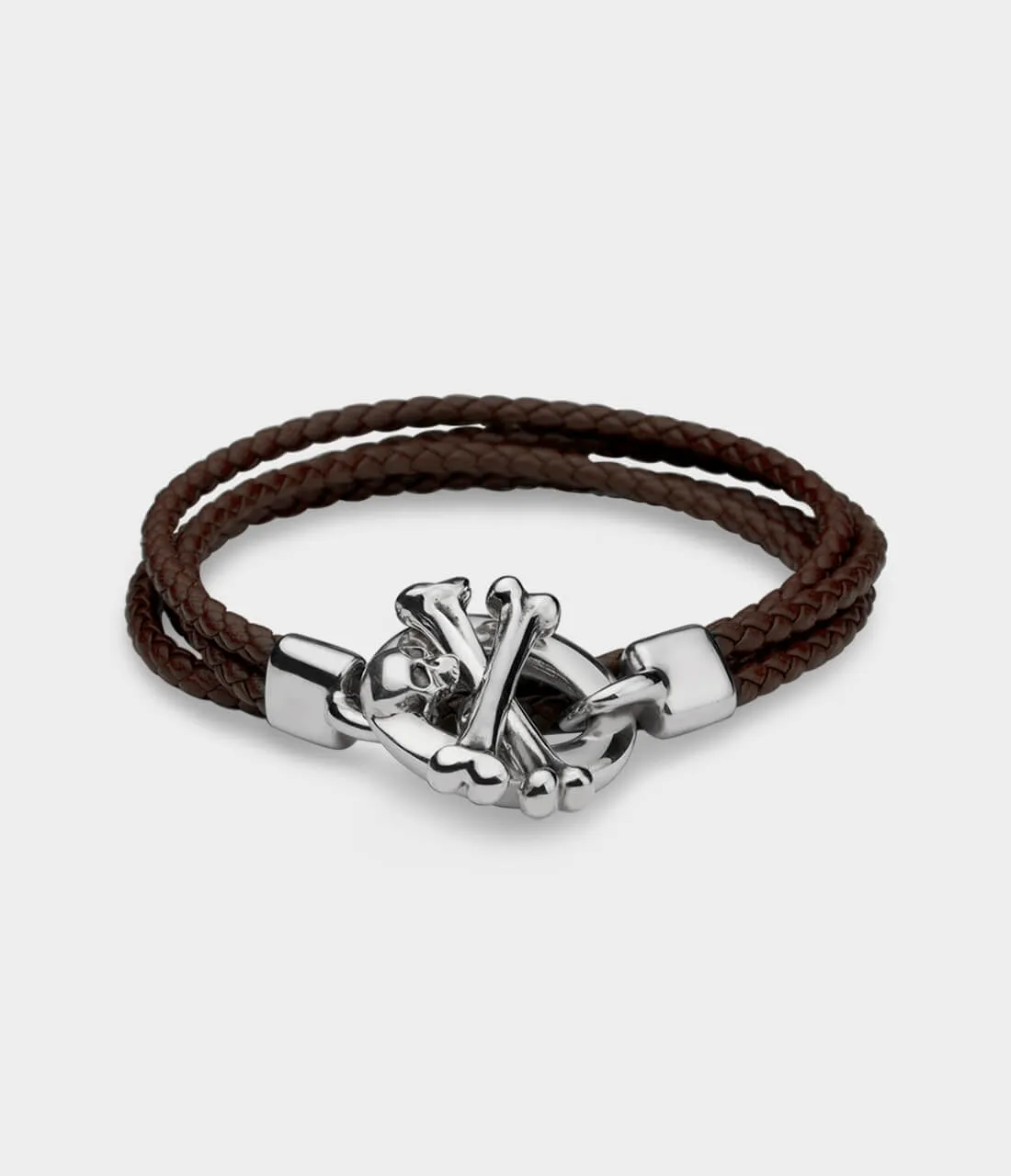 Skull & Crossbones Leather Bracelet / Sterling Silver / Brown Woven Leather / No Stones