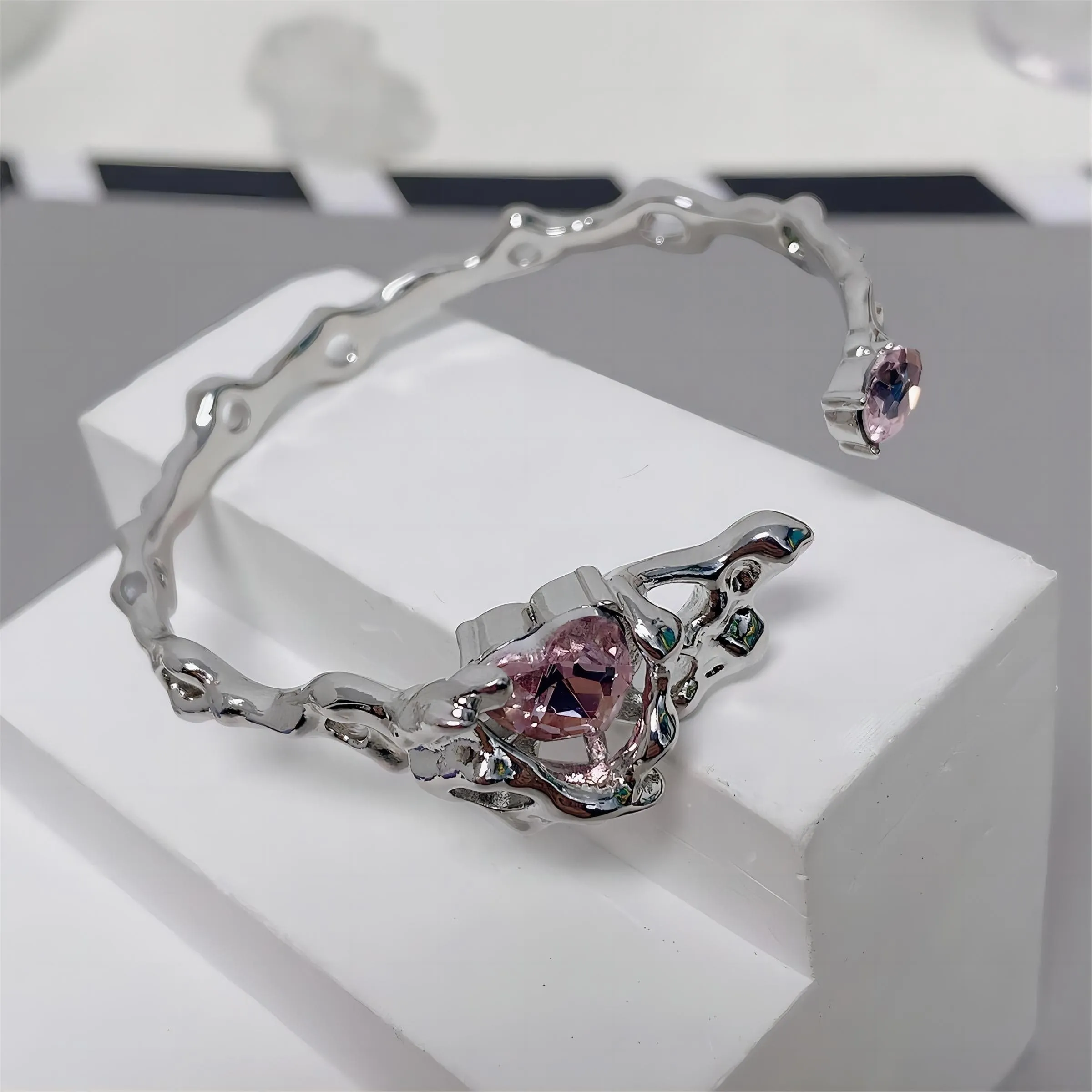 Sliver Crystal Heart Bangle Bracelet