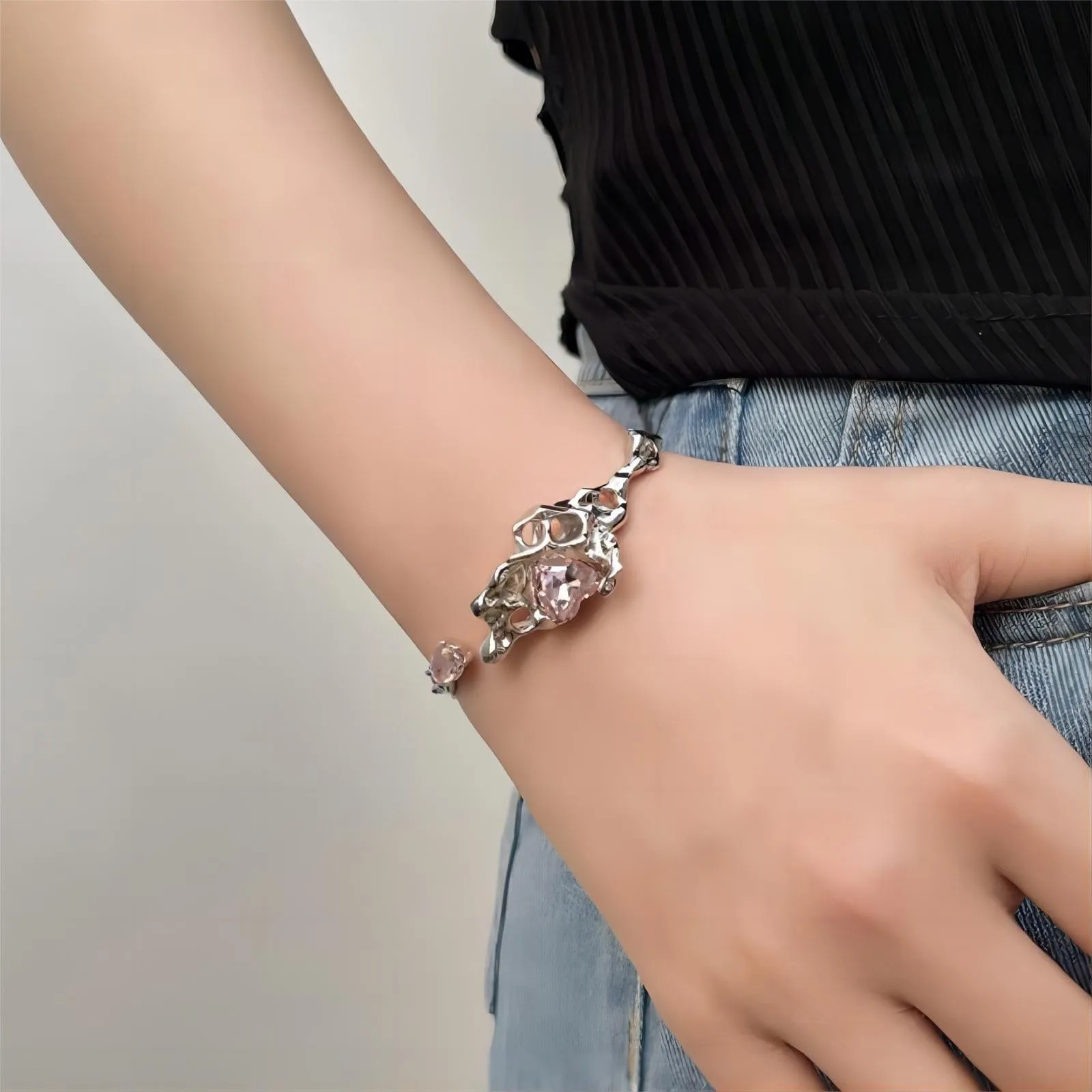 Sliver Crystal Heart Bangle Bracelet