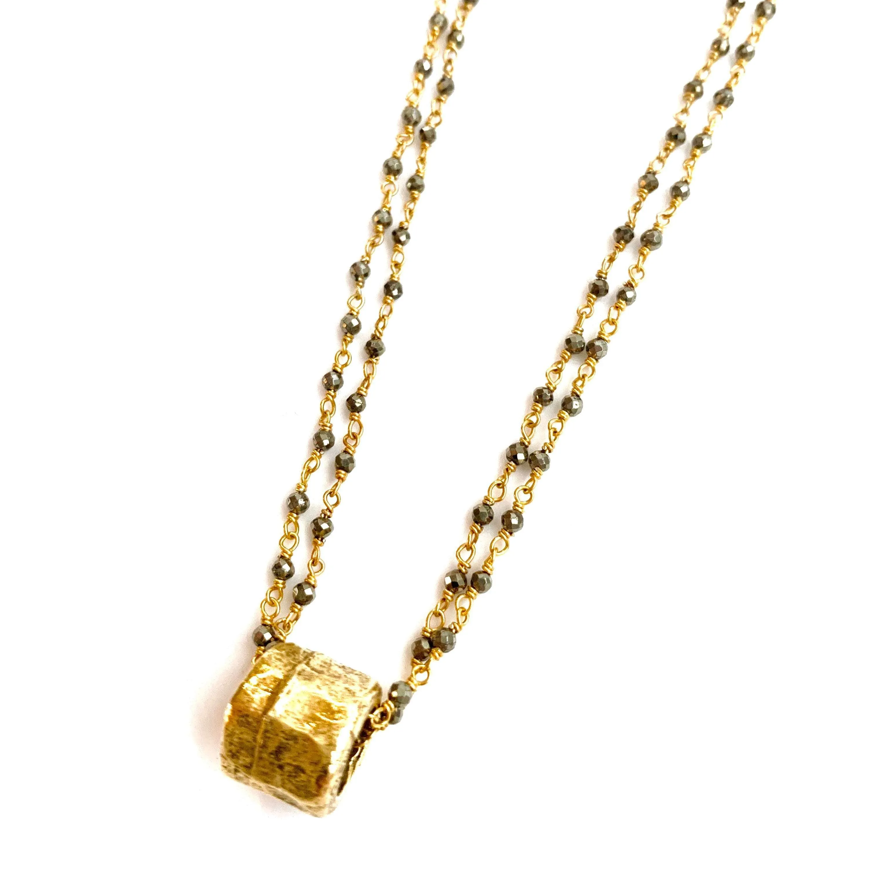 Small Gold Barrel on Double Pyrite Necklace