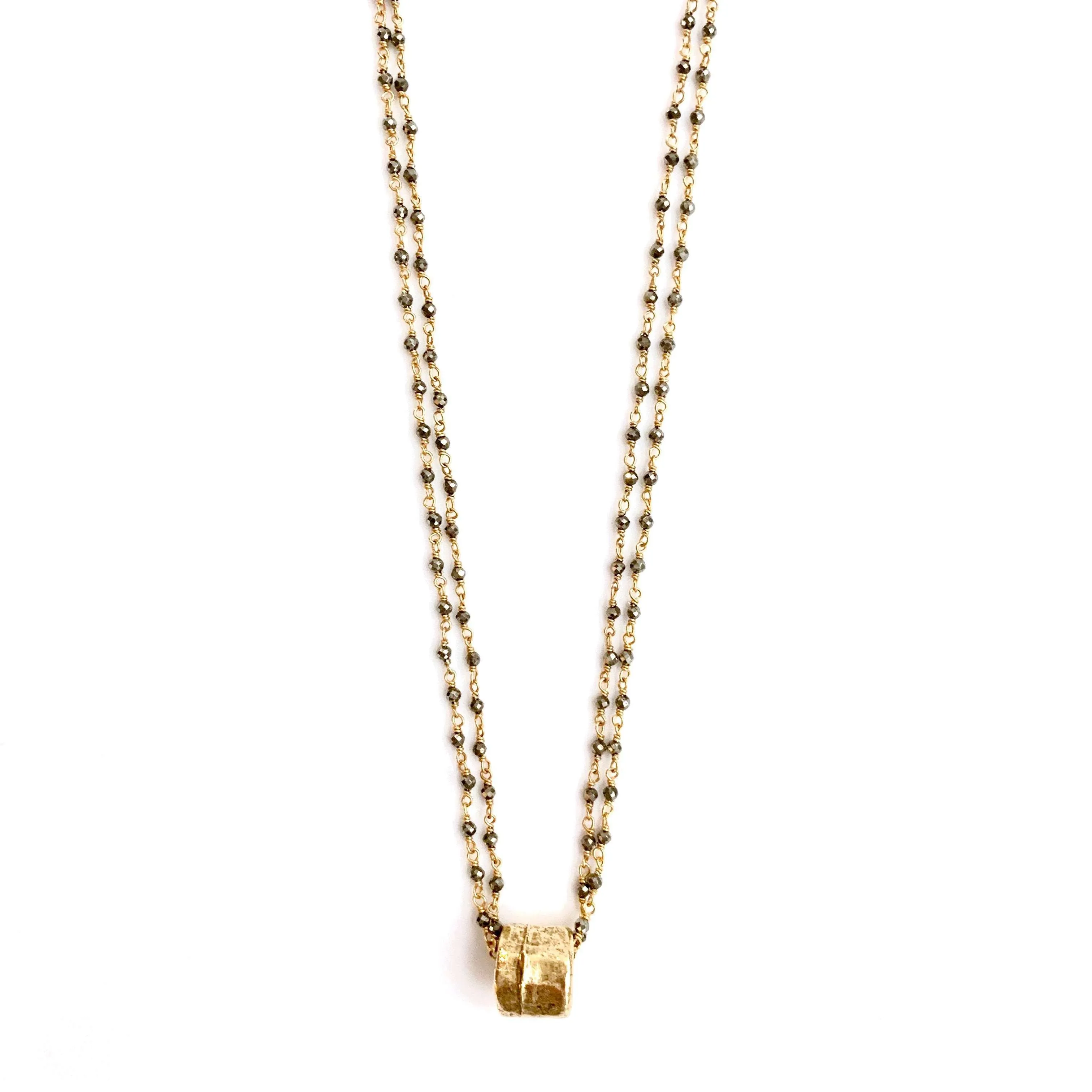 Small Gold Barrel on Double Pyrite Necklace