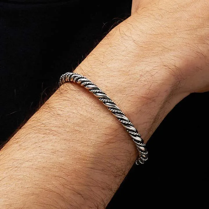 Solid 925 Sterling Silver Twist Bangle Bracelet for Men and Women