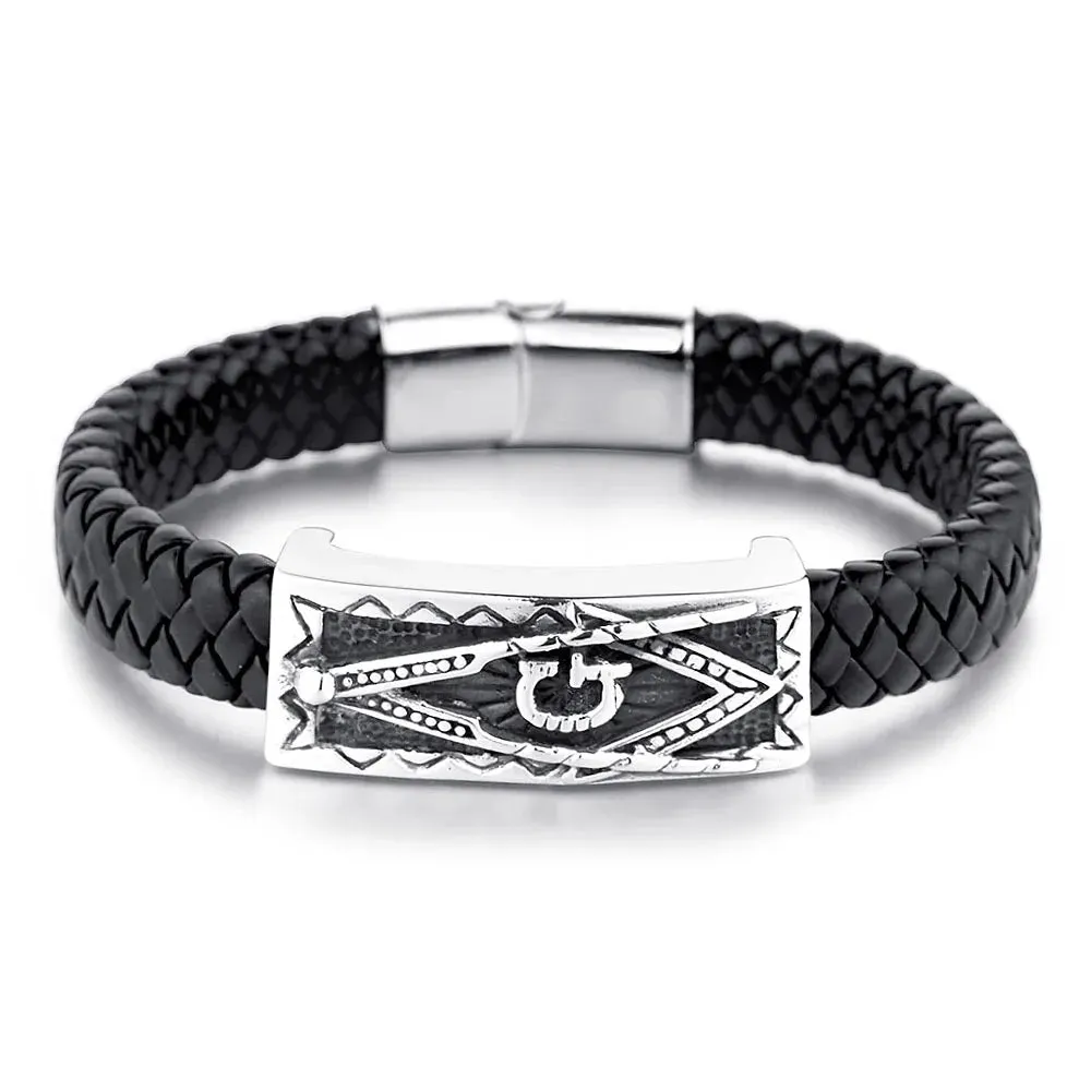 STEELBROS Magnetic Buckle Stainless Steel Masonic Bangle 12mm Genuine Leather Bracelet Men Hiphop Rock Jewelry Dropshipping