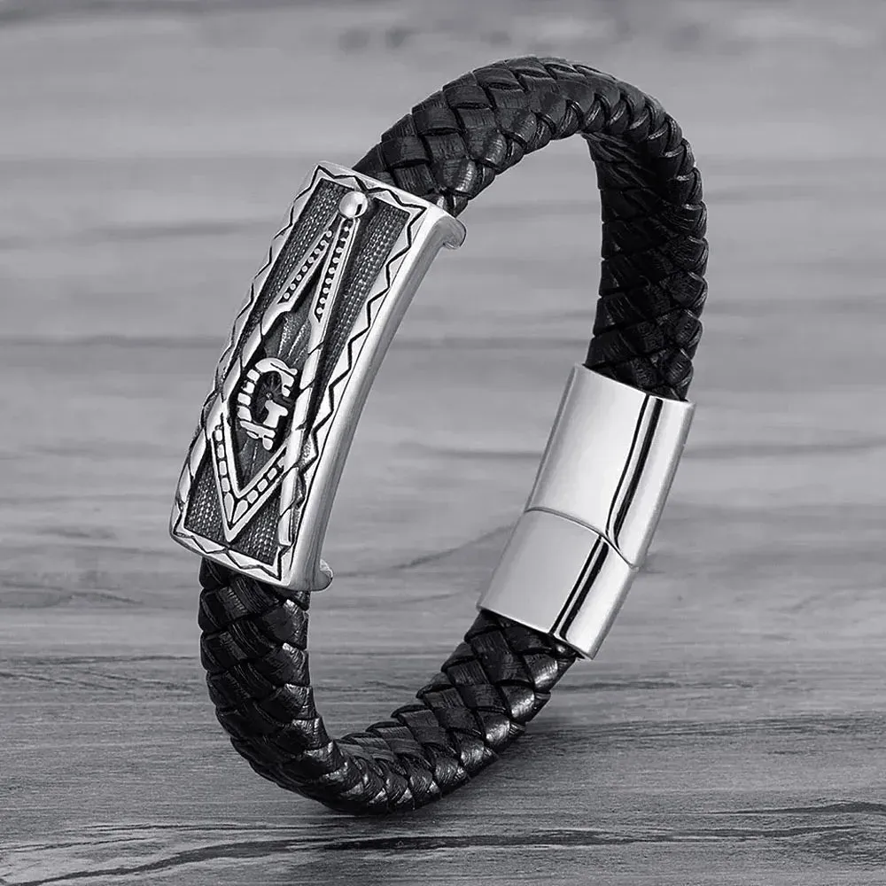 STEELBROS Magnetic Buckle Stainless Steel Masonic Bangle 12mm Genuine Leather Bracelet Men Hiphop Rock Jewelry Dropshipping