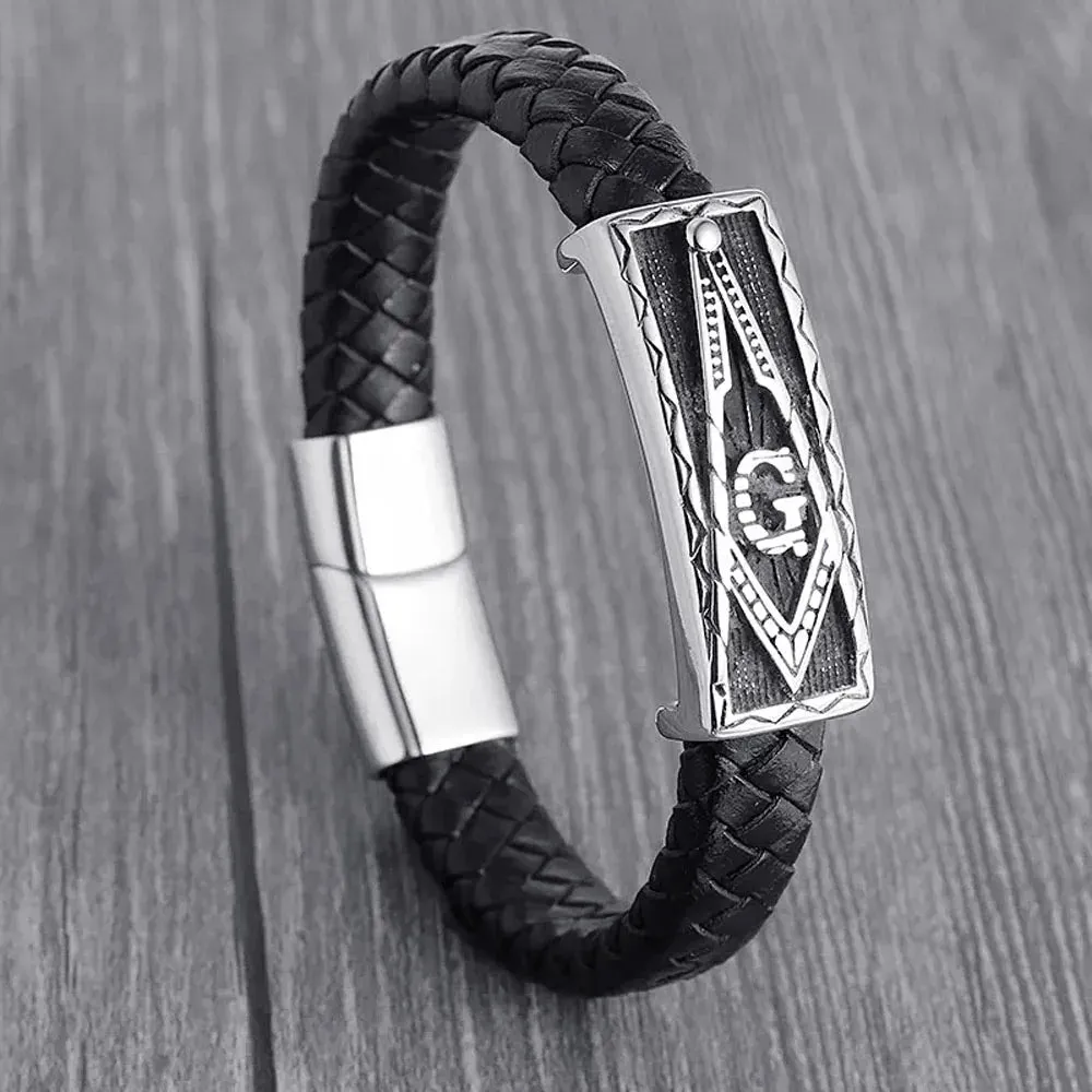 STEELBROS Magnetic Buckle Stainless Steel Masonic Bangle 12mm Genuine Leather Bracelet Men Hiphop Rock Jewelry Dropshipping