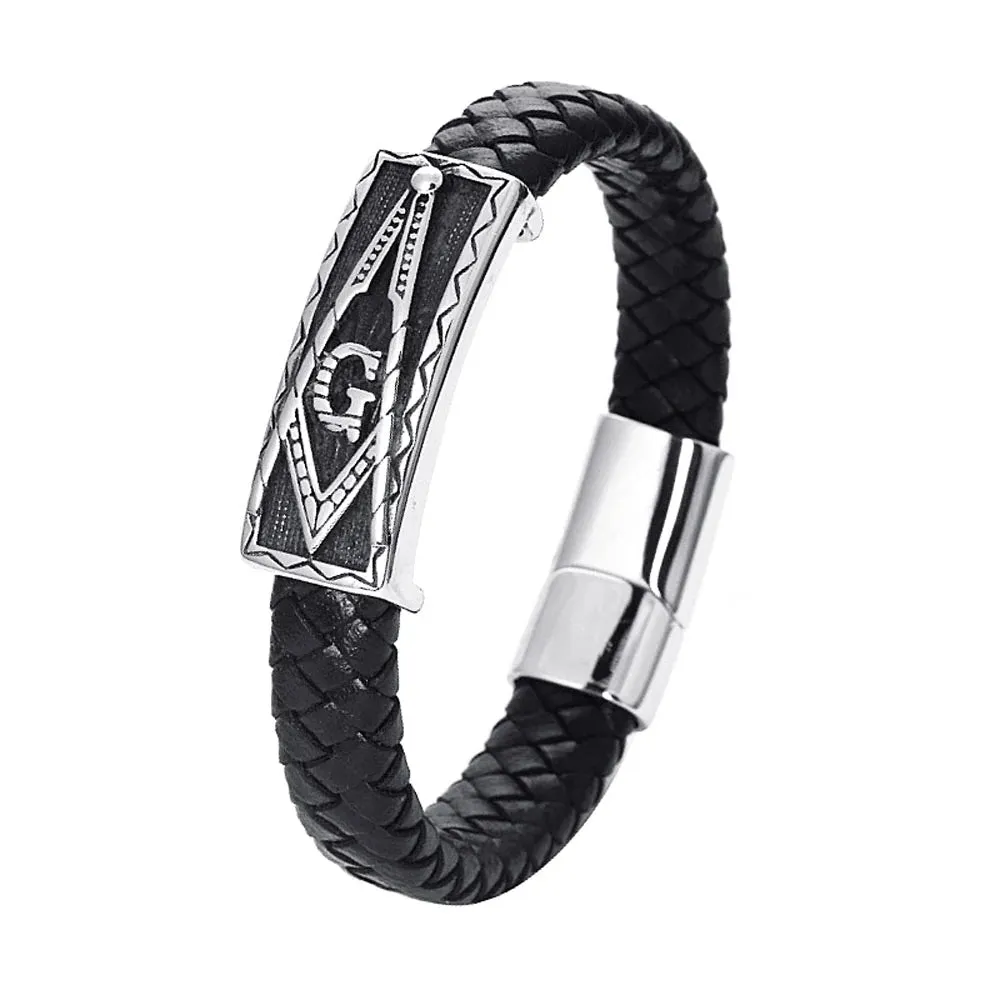 STEELBROS Magnetic Buckle Stainless Steel Masonic Bangle 12mm Genuine Leather Bracelet Men Hiphop Rock Jewelry Dropshipping