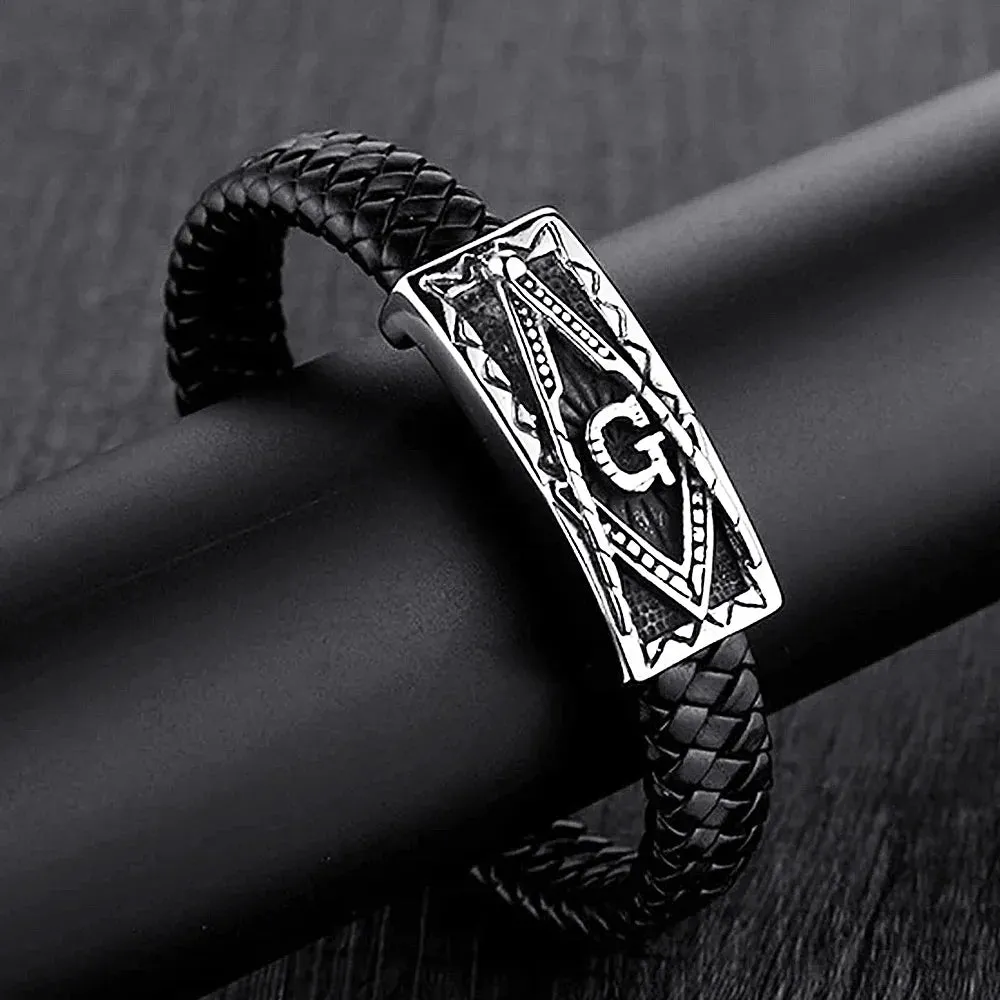 STEELBROS Magnetic Buckle Stainless Steel Masonic Bangle 12mm Genuine Leather Bracelet Men Hiphop Rock Jewelry Dropshipping