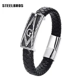 STEELBROS Magnetic Buckle Stainless Steel Masonic Bangle 12mm Genuine Leather Bracelet Men Hiphop Rock Jewelry Dropshipping